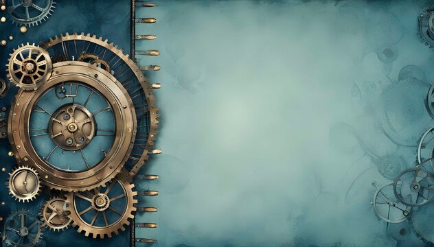 Blue steampunk themed background. AI Generated