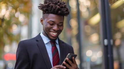 Wall Mural - Smiling Man with Smartphone Outdoors