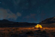 camping under the stars with an illuminated tent in a remote wilderness location