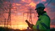 Engineer Inspecting Power Grid at Sunset