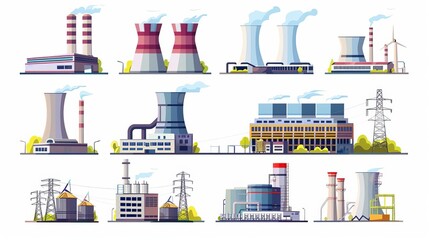 Set of power stations and plants for energy generation Different types of factory buildings of heavy industry, generating electricity Colored flat vector illustration isolated on white background