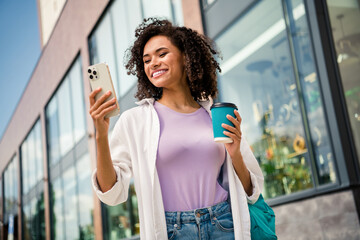 Poster - Photo of dreamy cute woman dressed white shirt rucksack enjoying tea tacking selfie modern gadget outdoors urban city street