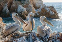 Three Majestic Pelicans Resting On A Rugged Rocky Shore, With Their Striking Yellow Beaks And Vibrant White Feathers, Against A Backdrop Of Blue Sea