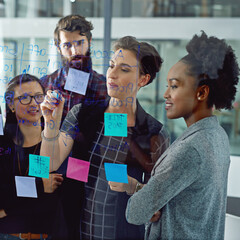 Poster - Planning, glass wall and business people in meeting with collaboration in office for brainstorming project. Sticky notes, diversity and group of copywriters working on creative board with discussion.