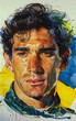 Evocative painted portrait blending abstract elements with realism to honor the legacy of a legendary racing champion's memory: Ayrton Senna
