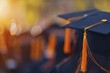 © SKIMP Art - close up of blurred college students wearing black caps and tassels during graduation ceremony, bokeh effect, copy space concept Generative AI
