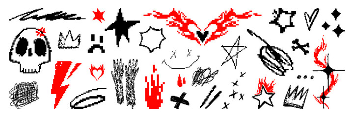 set of graphic shape assets with a pixel elements. vector modern shapes in punk grunge aesthetic. is