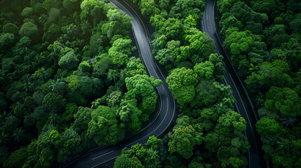 Wall Mural - A winding road through a forest with trees on both sides