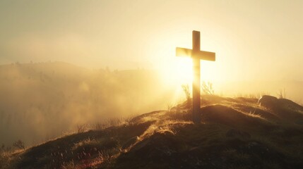 Wall Mural - cross on top of mountain with fog and sunlight