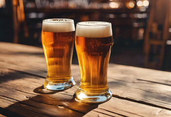 Two glasses of beer with frothy heads on a wooden table in a warmly lit bar setting. International Beer Day.