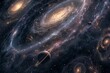 Expansive universe scene, multiple spiral galaxies in alignment, nebulae casting hues, overhead view, 3D model
