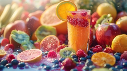 Wall Mural - Fresh fruit and vegetable juice, vibrant colors, morning light, close up, essence of vitality