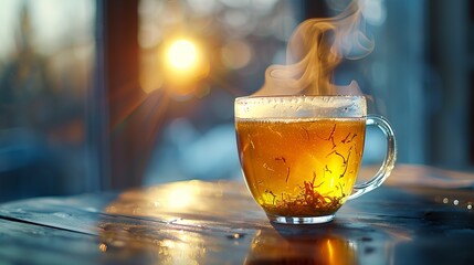 Sticker - Herbal tea in glass mug, steam rising, soft focus, close up, soothing moment 