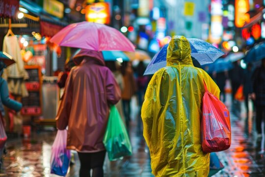 Shoppers with colorful raincoats and shopping bags walking through a rainy street market, with sale signs hanging from the shops --ar 3:2 Job ID: c1205f9b-52d5-443e-bd3b-dcb6f5d33096