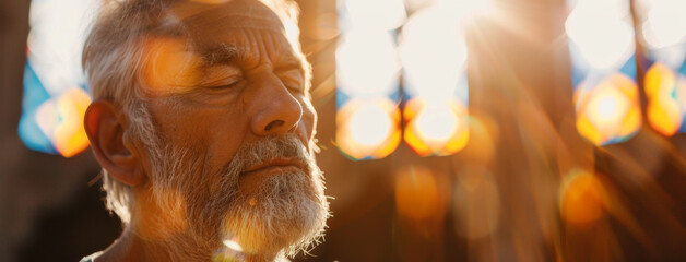 Wall Mural - church, senior man and praying for faith, worship and spiritual with gratitude, lens flare and forgi