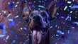 A delighted Doberman, tongue out savoring the moment, with a claret glass, amidst sapphire confetti, Photorealistic,