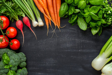 Wall Mural - Dark surface adorned with young spring vegetables, top view, with text space