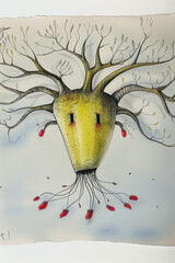 Poster - AI generated illustration of a yellow face adorned with branches and fruit growing from it