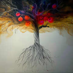 Poster - AI generated illustration of a painting of a flourishing apple tree bearing bright red apples