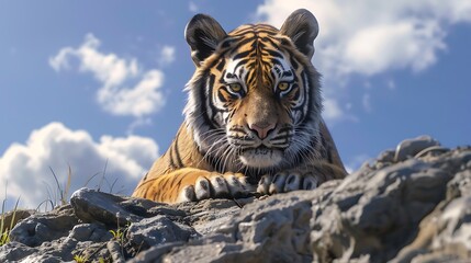 Wall Mural - Low angle view of a solitary adult tiger with his face and paws visible looking at the camera from the top of a rocky hill