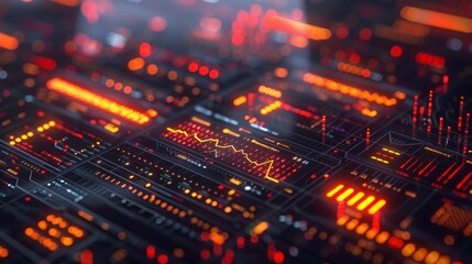 Wall Mural - a computer screen with many glowing red numbers and lines. concept of complexity and technological a