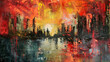 An intense oil painting depicting a cityscape under a fiery sunset, with dramatic reds and oranges melting into dark silhouettes and reflections on water.
