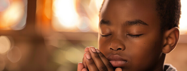 Poster - Boy, prayer and faith for religion, church or cathedral for hope or spirituality. African kid, hands and worship for gratitude, forgiveness and holy gospel for God or Jesus Christ with Christianity