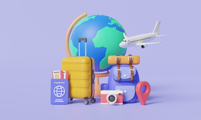 Travel and tourism concept. Earth globe, Backpack, luggage, passport and plane. Travel online, flight abroad, online ticket, Trip planning, Travel to World. 3d icon minimal render illustration