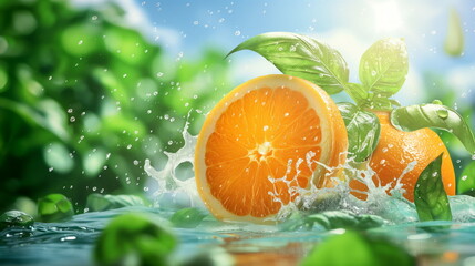 Wall Mural - Big orange split from the half, with splash, sunlight, blue sky in the background