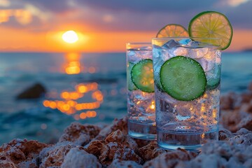 Wall Mural - Refreshing cocktail on a tropical beach, beside the ocean.