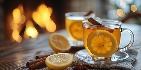 Wall Mural - Warm and comforting: Spiced mulled beverage with lemon, cinnamon, and anise in a glass cup.