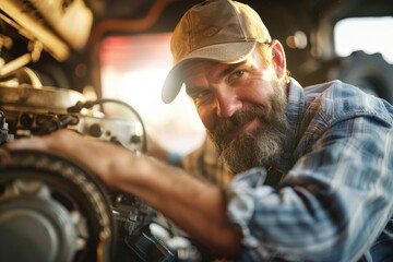 Wall Mural - a cheerful mechanic with a beard and a baseball cap, working on a large truck engine.