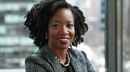 a confident professional woman with natural hairstyles, wearing elegant business attire