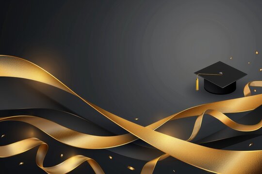 school graduation background with golden ribbon and cap gold gradient wave line, space for text in the middle Generative AI