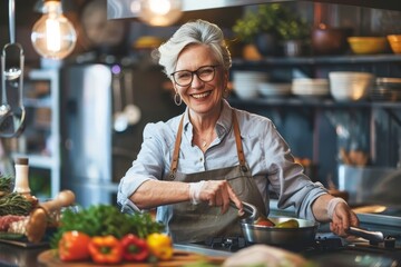Beautiful mature woman in apron is preparing food and smiling while cooking in kitchen, Generative AI