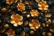  render of golden flowers with leaves on black background,  Floral pattern