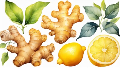 Ginger lemon watercolor hand drawn illustration set