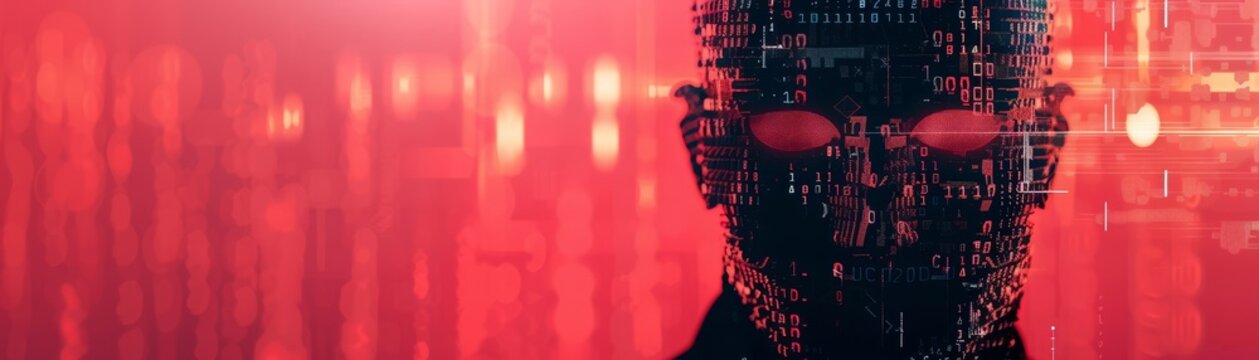 A man's face is shown in a computer generated image with a red background