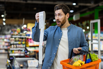 Shocked caucasian man with rounded eyes and open mouth looking at extremely long bill while holding orange food basket. Amazed buyer doing grocery shopping and getting surprised by prices.