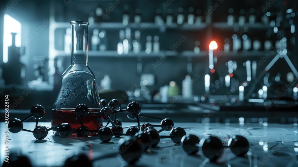 Shadowy Lab Moody 3D scene showing the synthesis of a new compound, molecular ...