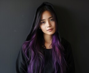 Canvas Print - Woman With Long Purple Hair Wearing Black Hoodie