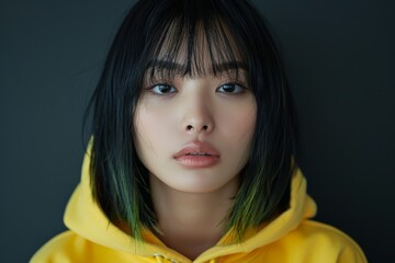 Poster - Woman With Black Hair and Yellow Hoodie