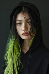 Wall Mural - Woman With Green Hair Wearing Black Hoodie