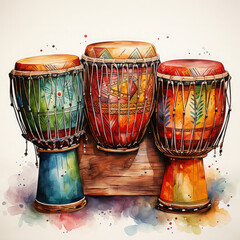 Wall Mural - Watercolor Djembe Illustration, Generative Ai