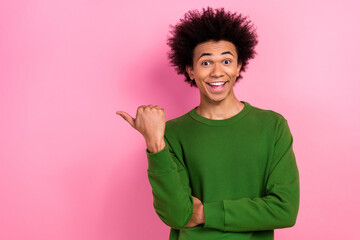 Canvas Print - Photo of happy positive guy impressed point finger empty space ads isolated pastel color background