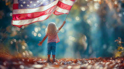 Poster - A view of the back of a little girl in blue jeans, she holds a large American flag over her head against the background of nature. The concept of celebrating Independence Day in America on July 4th.