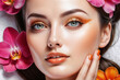 A closeup of a womans face showcasing her flawless skin, welldefined eyebrows, stunning eyes with long eyelashes, and lips adorned with lipstick. Flowers in her hair complete the elegant makeover