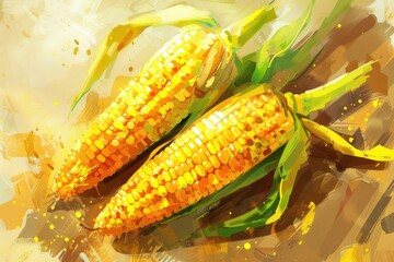 Wall Mural - A painting of two ears of corn on a table. Suitable for food and agriculture concepts