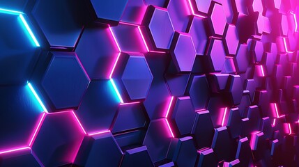 Wall Mural - abstract blue hexagon geometric background with neon light effect
