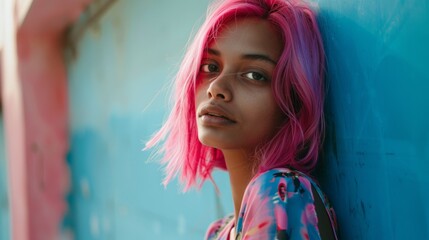 Adult Indian Woman with Pink Straight Hair 1990s style Illustration.